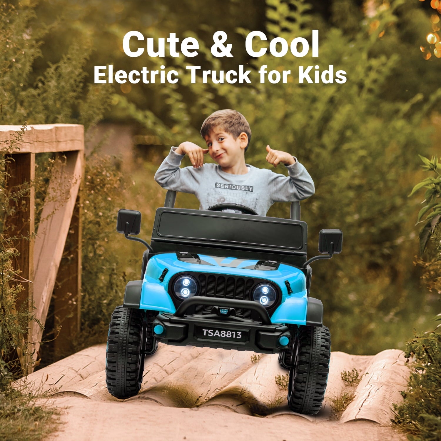 Track 7 24V Ride on Truck, Electric Car for Boys Girls Age 3+, Ride on Car with Remote Control, Music, Bluetooth, Spring Suspension, Max Speed 5 mph, Blue