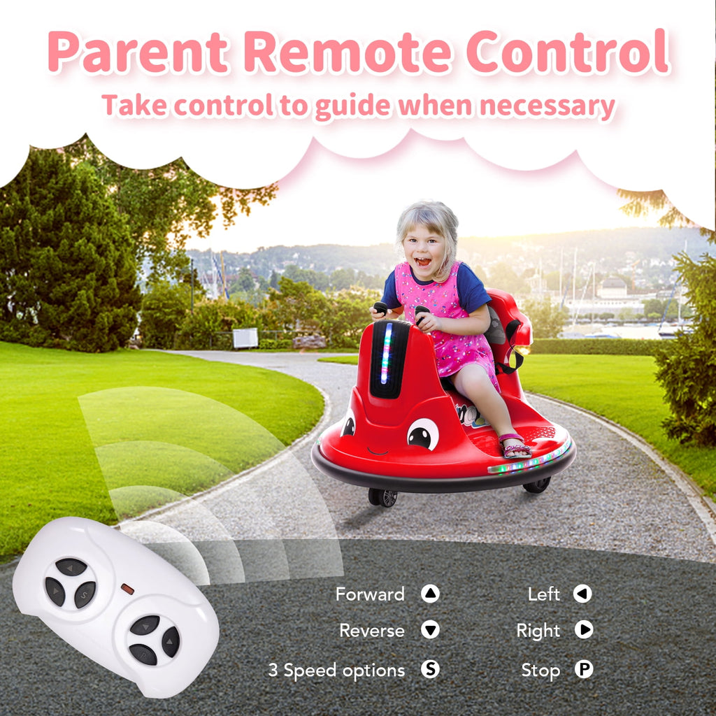 Track 7 12V Ride on Bumper Car, 360 Spin Electric Car for Boys Girls, Remote Control, Lights, Music, Ride on car, Red