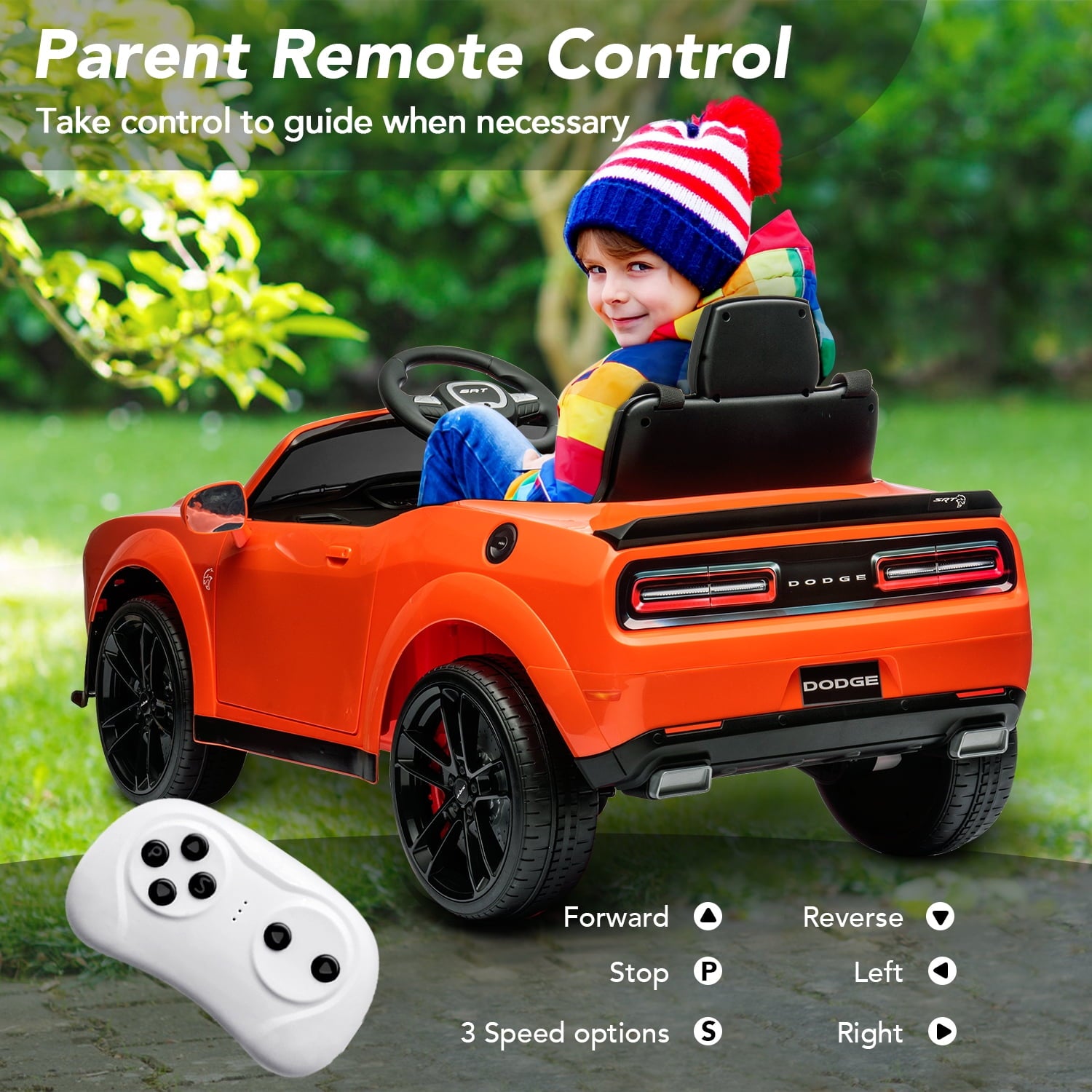 Track 7 Kids Ride on Car, Licensed Dodge Challenger SRT 12V Electric Car for Kids Age 3+, Remote Control, Music