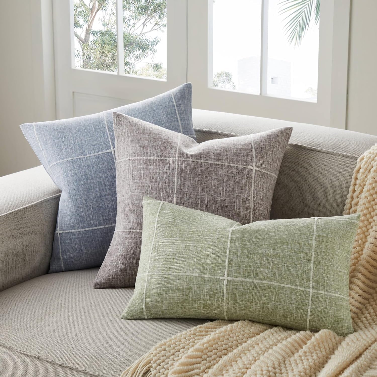 COOKCOK 2 Packs Grid Embroidery Throw Pillow Covers, 18x18 Inch Taupe, Farmhouse Cotton Linen Decorative Light Brown Cushion Covers for Sofa Bed Living Room Home Decor