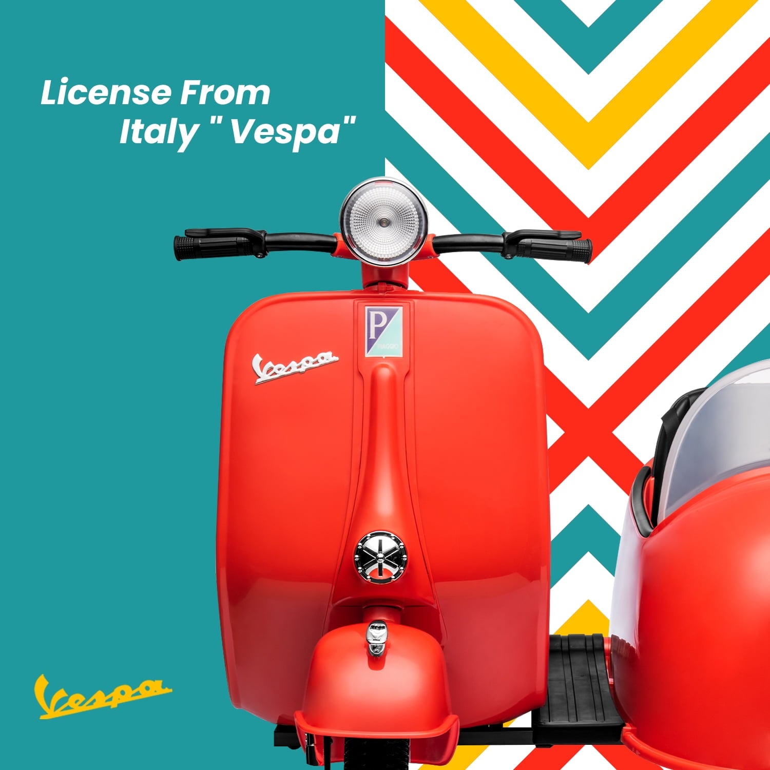 Track Seven 2-Seater Ride on Motorcycle, 12V Licensed Vespa Ride on Motorcycle wth Side Car, 2-Seater Ride on Car, Music, Max Speed 4.8mph, Red
