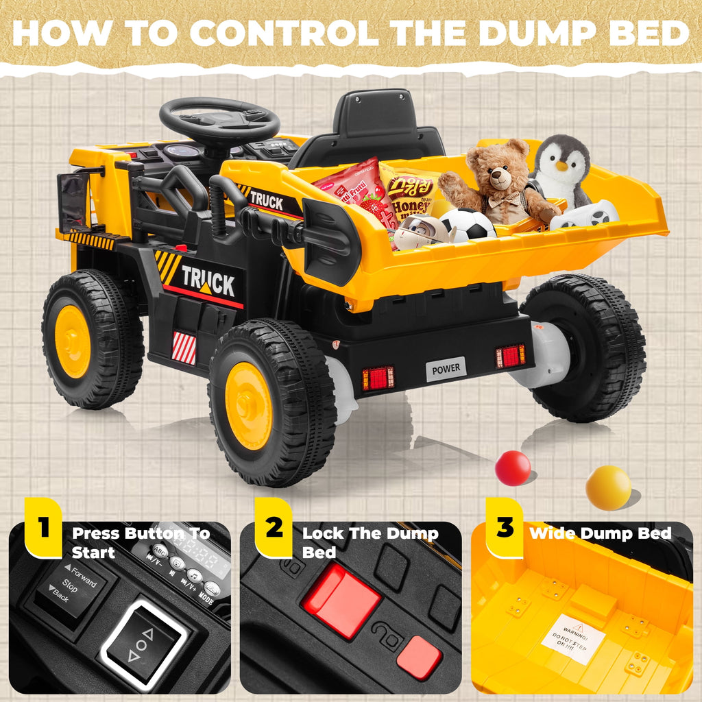 SUSIELADY 12V Kids Ride on Car, Ride on Dump Truck, with Remote Control, Electric Dump Bed, Extra Shovel, Bluetooth, Music, for Kids Aged 3+