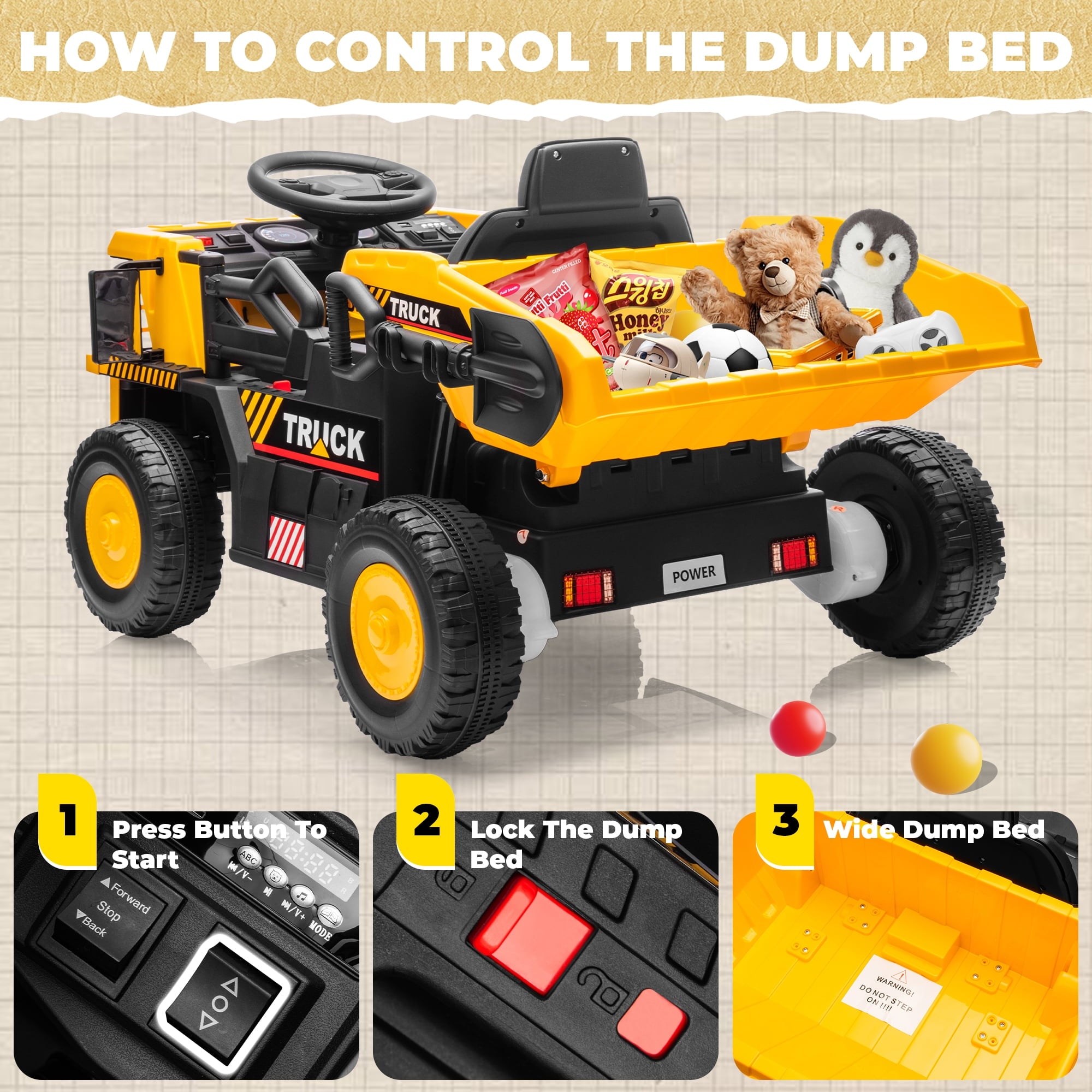 SUSIELADY 12V Kids Ride on Car, Ride on Dump Truck, with Remote Control, Electric Dump Bed, Extra Shovel, Bluetooth, Music, for Kids Aged 3+
