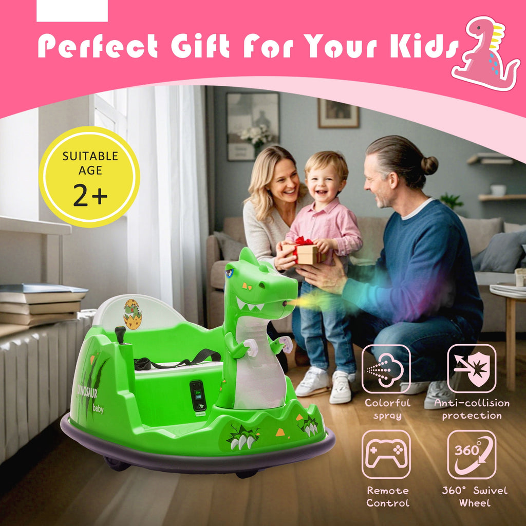 Track Seven 12V Electric Dinosaur Bumper Car for Kids, Spray Light, 360 Degree Rotation, Music, Large Size Seat Ride on Toy with Remote Control for Toddlers 2-5 Years, Green