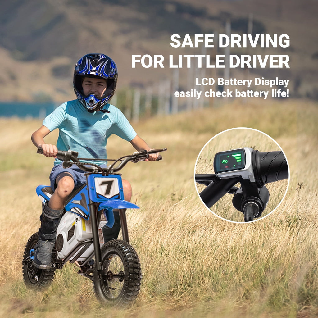 Track Seven 24V Electric Dirt Bike, 250W Ride on Motorcycle with Twist Grip Throttle, Hand-Operated Dual Brakes, Speed Up to 10 MPH, for Age 8-12, Blue