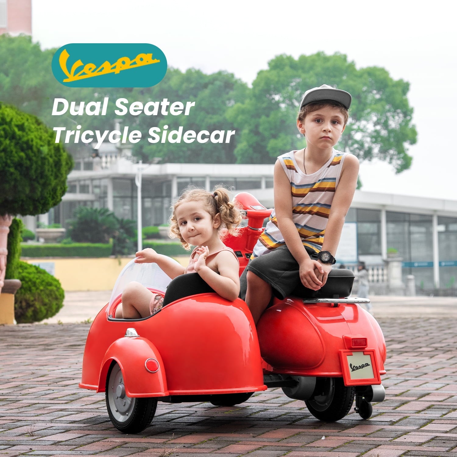 Track Seven 2-Seater Ride on Motorcycle, 12V Licensed Vespa Ride on Motorcycle wth Side Car, 2-Seater Ride on Car, Music, Max Speed 4.8mph, Red