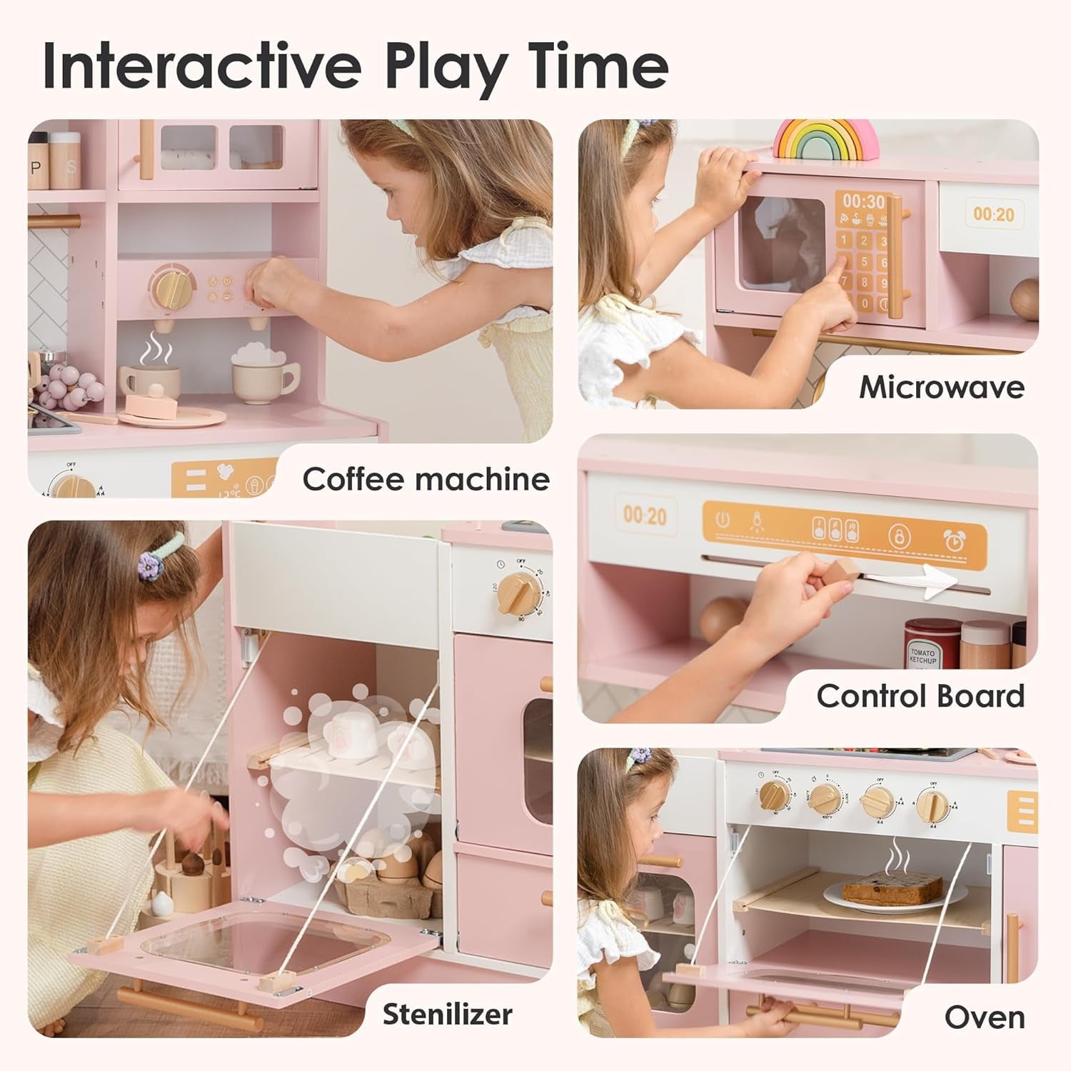Track Seven Wooden Play Kitchen for Kids– Realistic Appliances, Storage & 15 Fun Accessories for Inspiring Pretend Play (Ages 3+), Pink