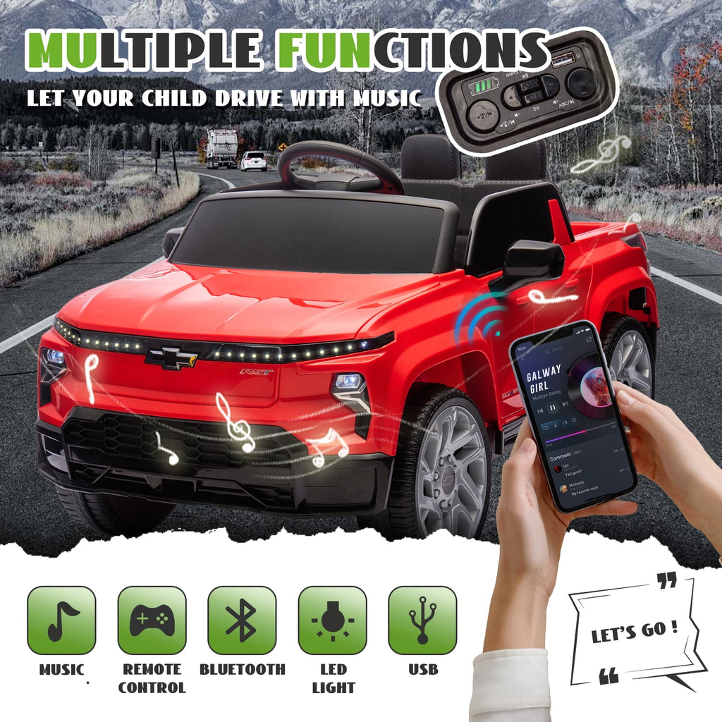 Track Seven 24V Ride on Car, Licensed Chevrolet Silverado Electric Car Truck with Remote Control, Bluetooth, LED Lights, Power Display, Rear Storage Ride on Toy Car for Boys Girls Age 3+, Red