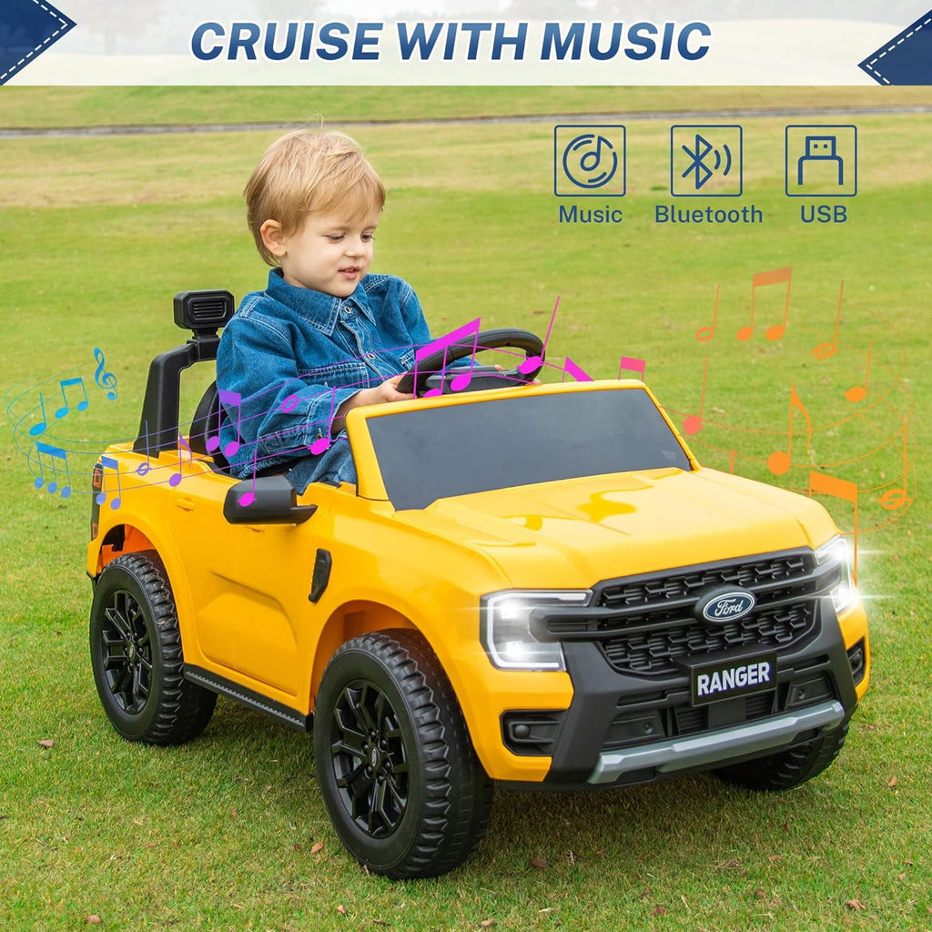 Track 7 12V Kids Ride on Pickup Truck, Licensed Ford Ranger, Electric Vehicle Ride on Toy Car with Remote Control, Music Player, LED Lights, Bluetooth, Soft Start, Gift for Kids Ages 3-6, Yellow