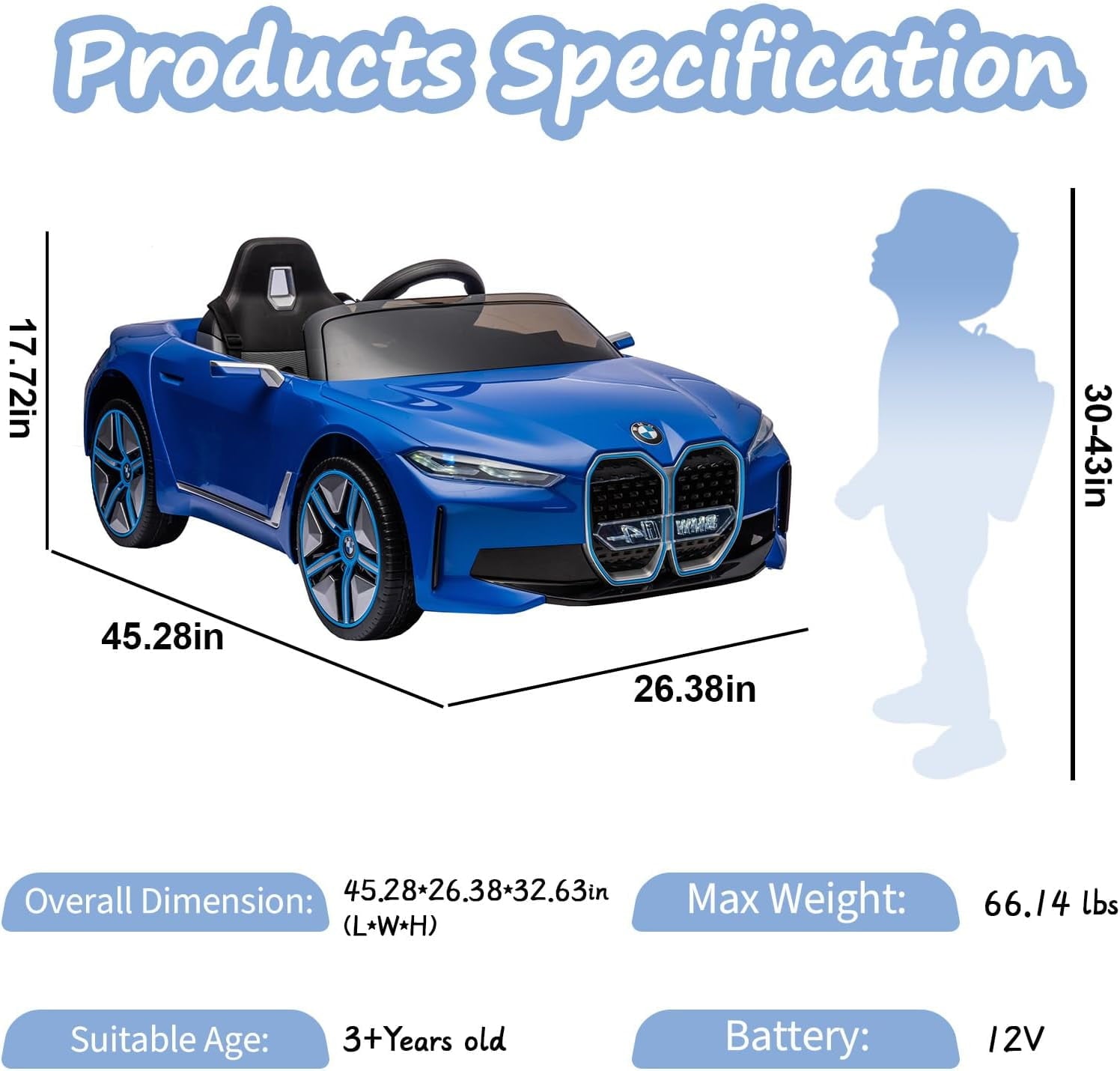 SUSIELADY 12V Kids Ride on car, Licensed BMW I4, with Parent Remote Control, 3 Speed Adjustable, Power Display, USB, MP3, Bluetooth, LED Light