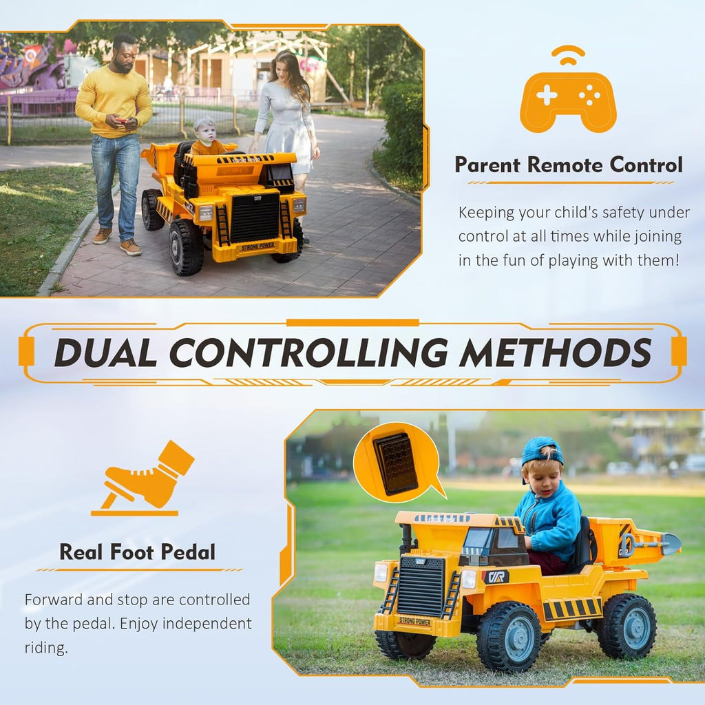 Track 7 Kids Ride on Car, 12V Ride on Dump Truck, Electric Car with Remote Control, Music, USB, Story, Electric Dump Bed and Extra Shovel, Phone stand
