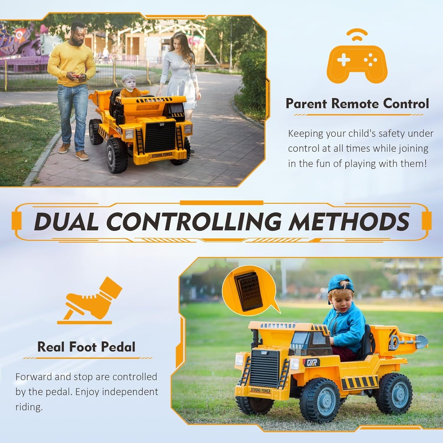Track 7 Kids Ride on Car, 12V Ride on Dump Truck, Electric Car with Remote Control, Music, USB, Story, Electric Dump Bed and Extra Shovel, Phone stand