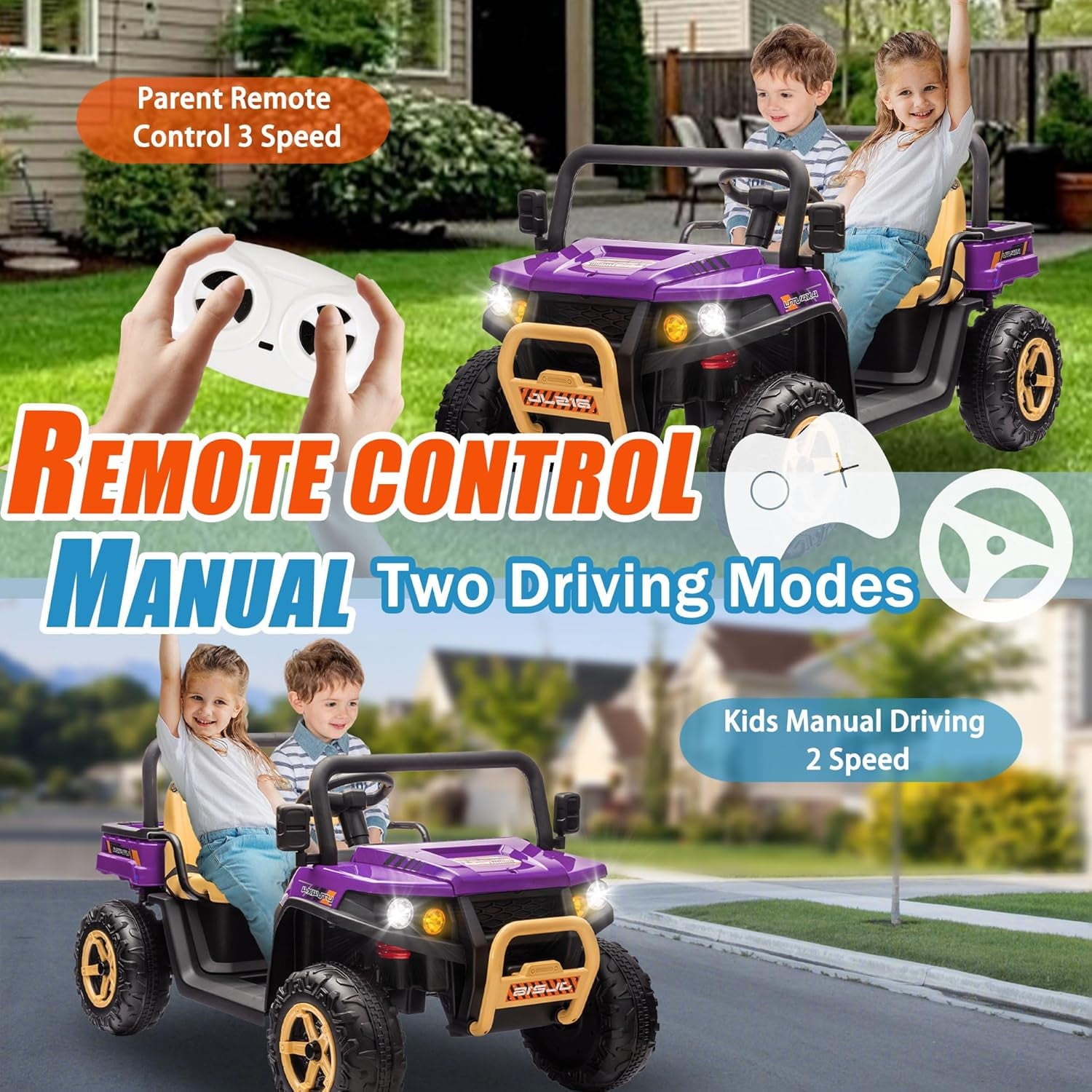 Track 7 24V 2 Seater Ride on Car, 25.79" Width Large Seat, 24V Ride On UTV w/Remote Control, Automatic Tipping Bucket, Bluetooth, Portable Handle, Electric Car Truck for Boys Girls Age 3+, Purple