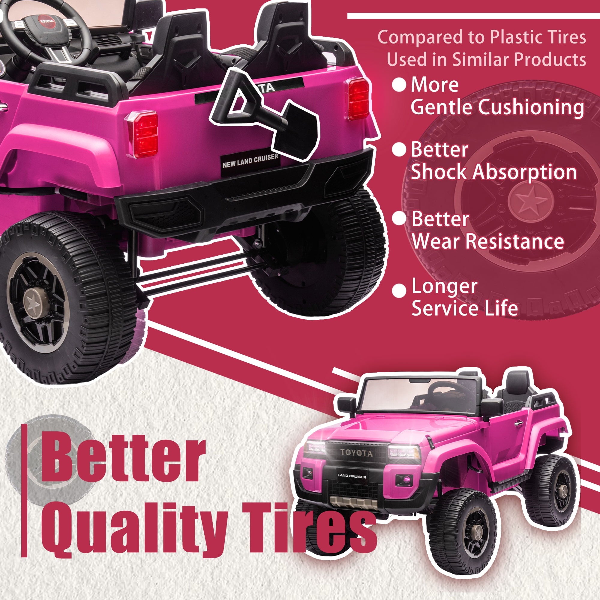 Track 7 24V 2-Seater Ride on Car, Licensed Toyota LC 250 Electric Car with Remote Control, Music, Bluetooth, Front Storage Space, Shovel, Electric Ride on Truck for Boys Girls Age 3+, Pink