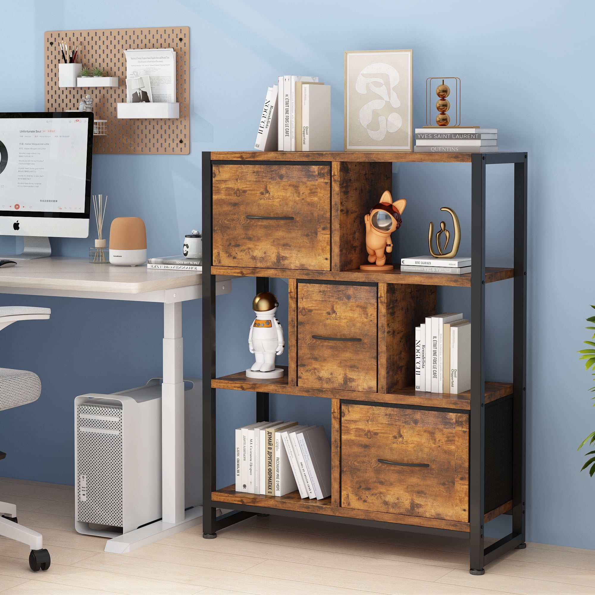 COOKCOK  4 Tier Bookshelf, 40.5'' Tall Bookcase with 3 Non-Woven Fabric Storage Drawers, Industrial Display Standing Shelf Unit in Iron Frame & Solid Wood for Bedroom, Living Room, Entryway, Brown