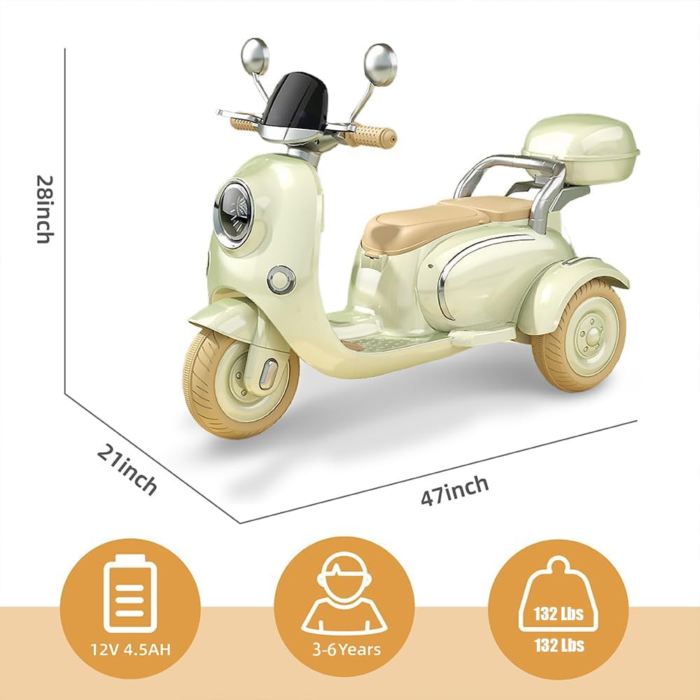 SUSIELADY 12V Kids Ride on Motorcycle, 2-Seater Kids Motorbike, 3 Wheels with Mp3, Bluetooth, Headlight, Storage Box, Backseat, for Kids Aged 3+
