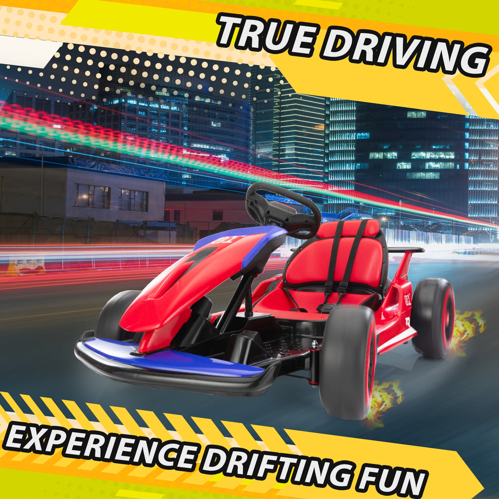 Track 7 24V Electric Ride-On Go Kart for Kids, Drift Kart with 5 MPH Max Speed, High/Low Speed, Accelerator Pedal, Music, Safety Belt, Battery-Powered Drifting Car for Children, Red and Blue