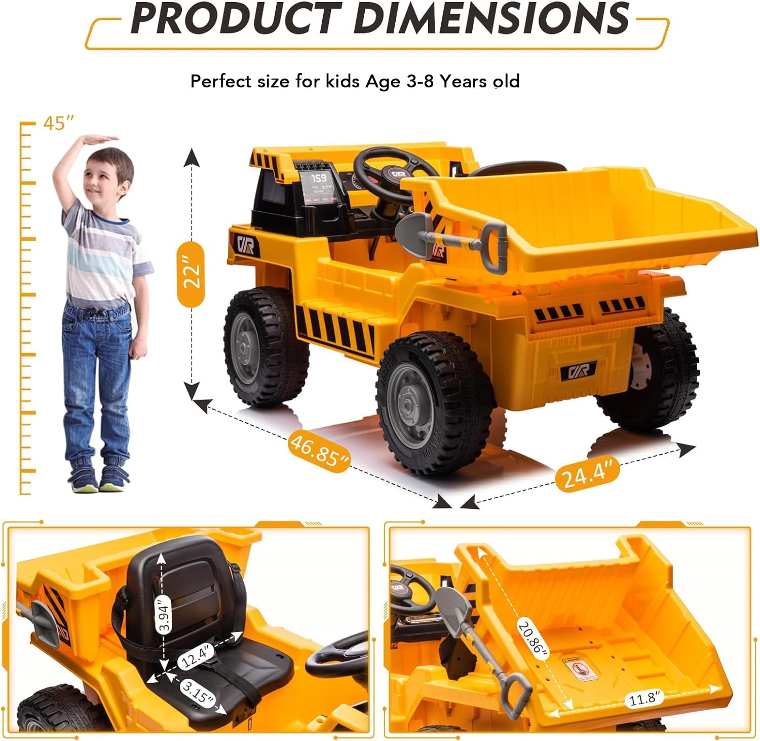Track 7 Kids Ride on Car, 12V Ride on Dump Truck, Electric Car with Remote Control, Music, USB, Story, Electric Dump Bed and Extra Shovel, Phone stand