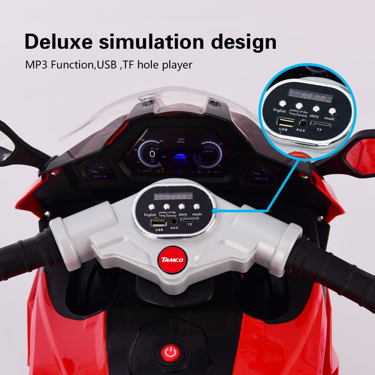 Track 7 12 V Kids Ride on Motorcycle, 3 Wheels Electric Trike Motorcycle for Boys and Girls, Light Wheels, Music, Headlights, Red