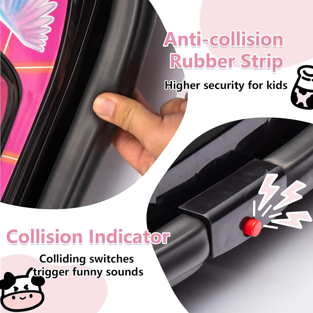 Track 7 12V Ride on Bumper Car, Kids Electric Car with Horn, Music, Four-Wheel LED Waterfall Lights, 360 Degree Spin and DIY Sticker, Bumper Car for Kids & Toddlers 2-5 Years, Pink