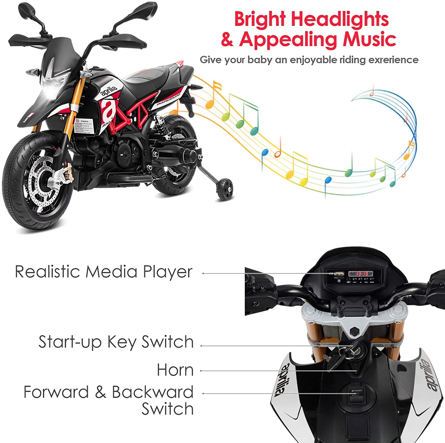 Track 7 Kids Motorcycle,12V Ride on Motorcycle w/Training Wheels,Electric Motorcycle Toy Headlight & Music