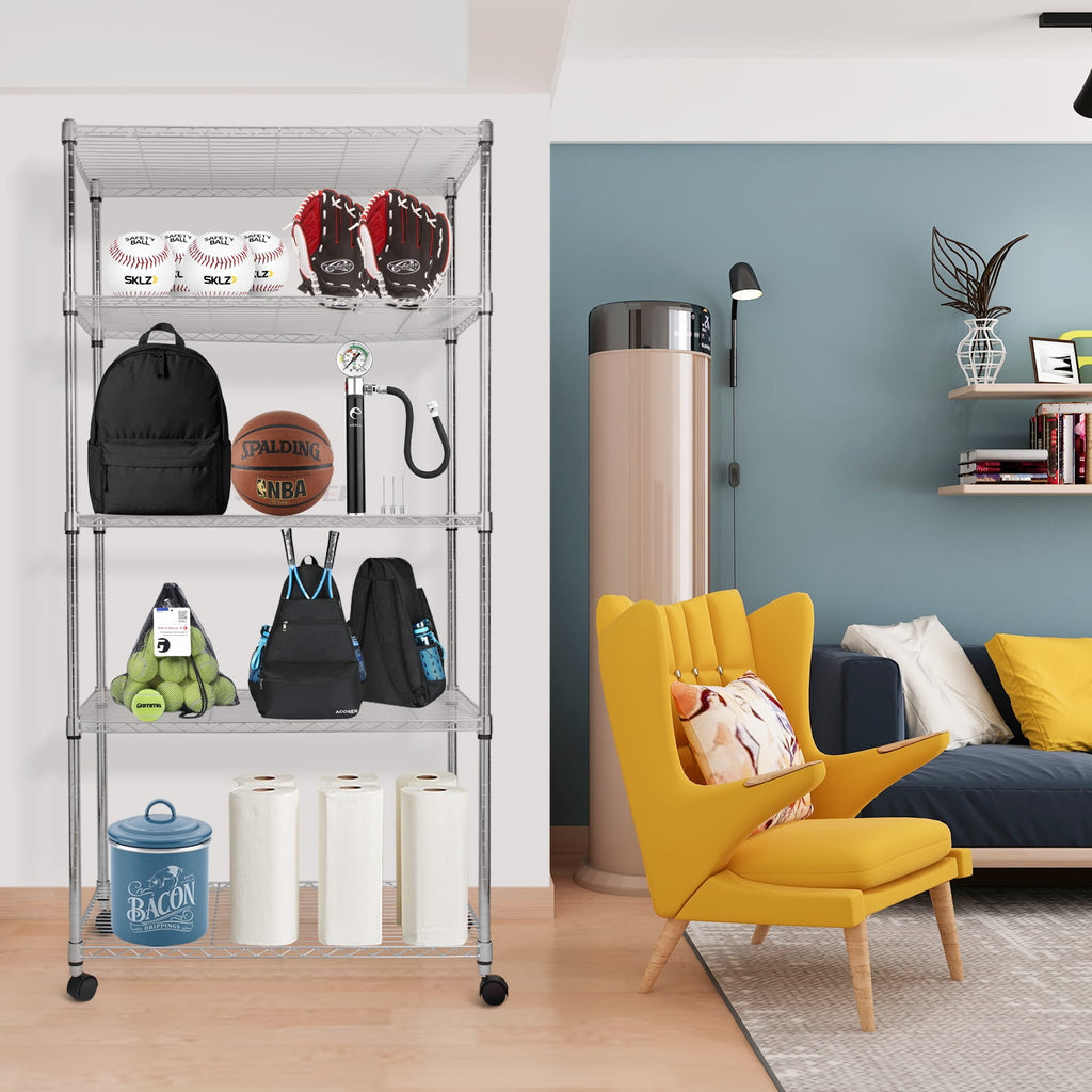 COOKCOK 5-Tier Wire Shelving, 35"D x 17"W x 73"H Storage Shelves, Metal Shelves with Wheels, Height Adjustable Garage Shelf for Storage