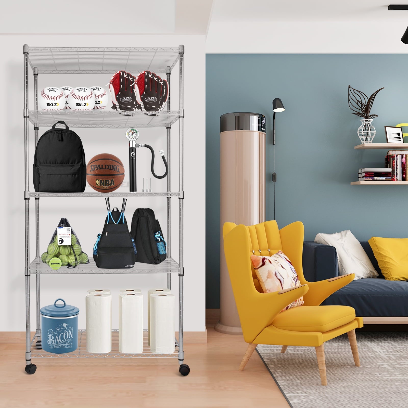 COOKCOK 5-Tier Wire Shelving, 35"D x 17"W x 73"H Storage Shelves, Metal Shelves with Wheels, Height Adjustable Garage Shelf for Storage