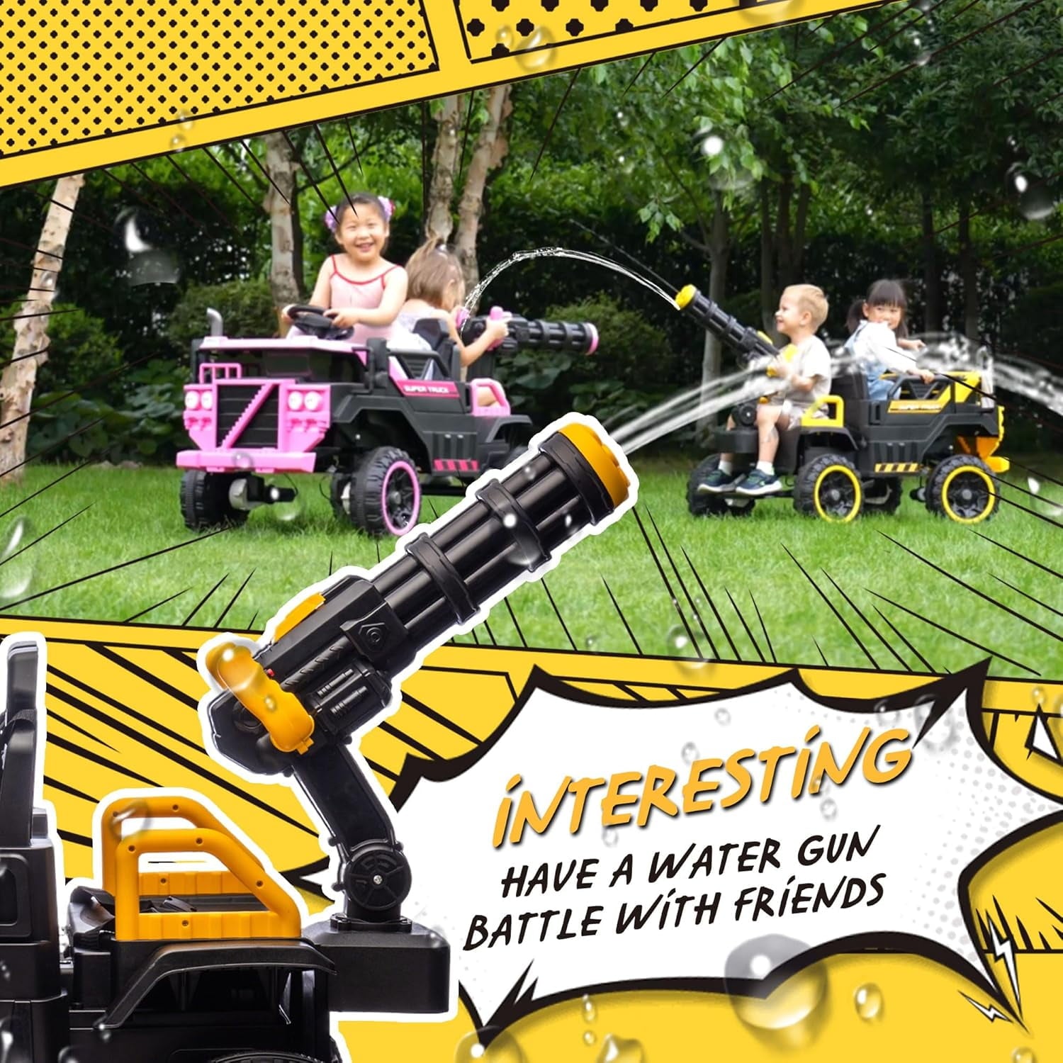 Track Seven 24V Ride on Car, 3-Seater Elecric car with Water Gun, Bluetooth, Remote Control, LED Lights, 2WD/4WD, Off-Road Truck for Boys Girls Age 3+, Yellow