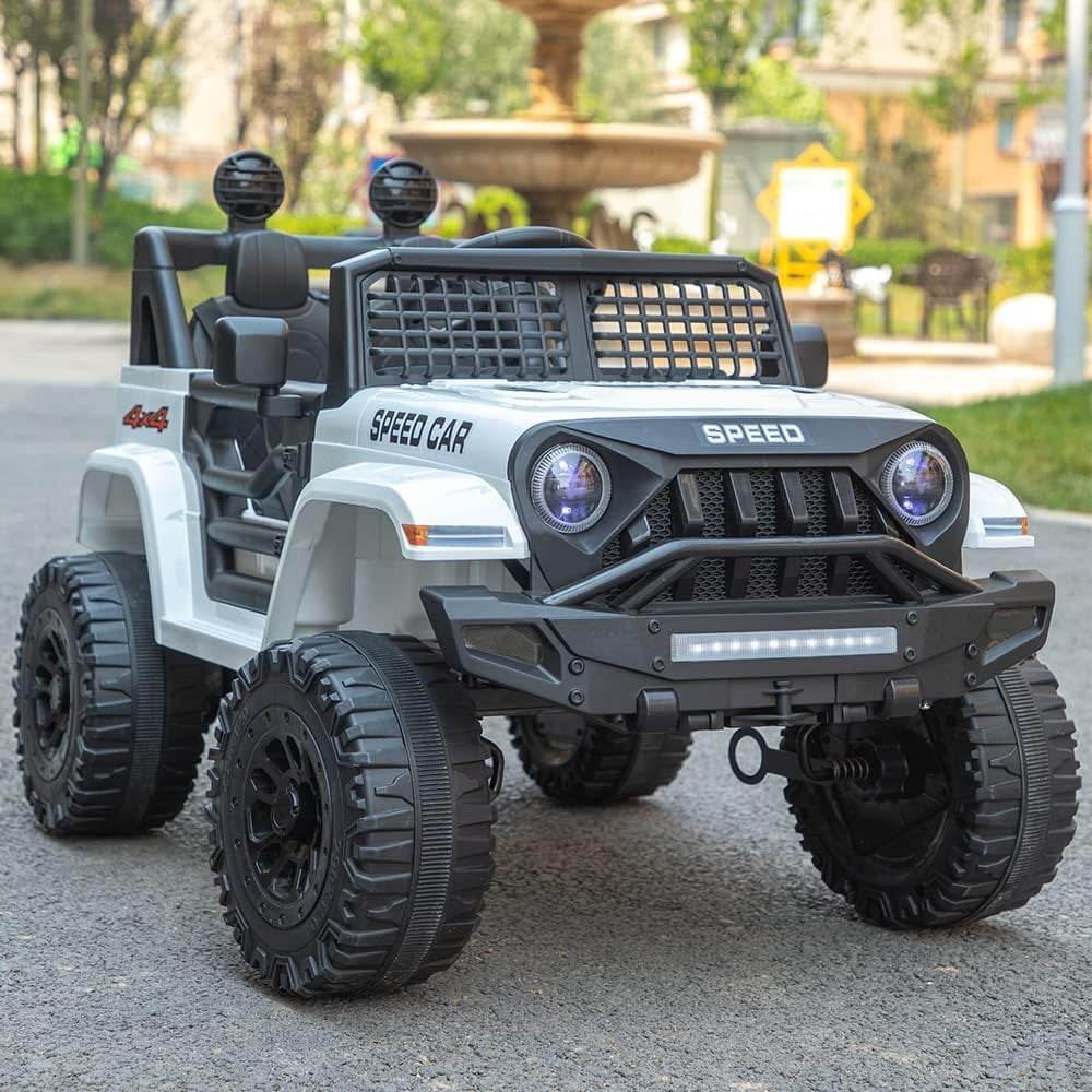 Track 7 Kids Ride on Truck, 12V Ride on Car with Remote Control, Kids Electric Car, Bluetooth, LED Lights, MP3, White