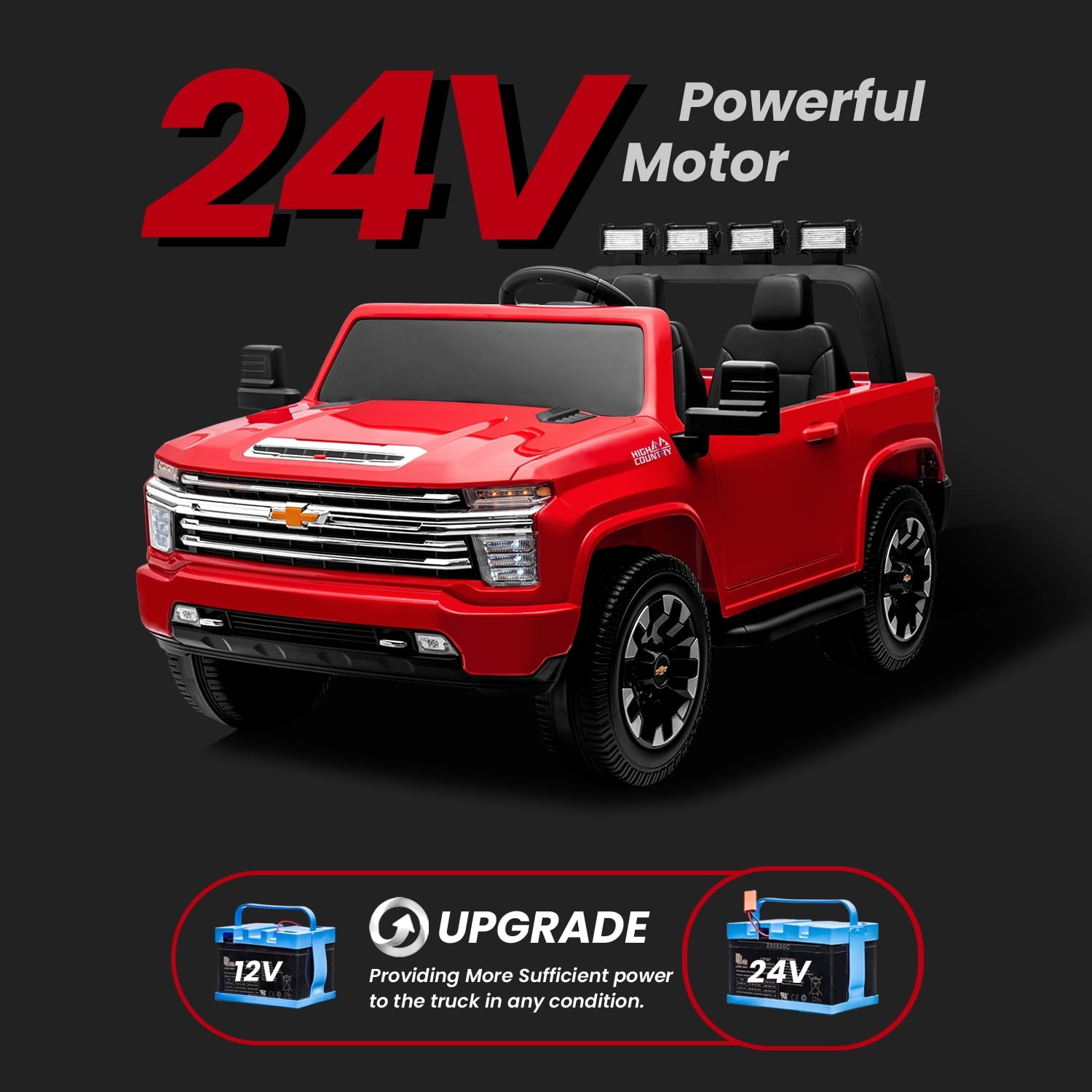 Track Seven 24V Ride on Car, Licensed Silverado HD 2 Seater Electric Car for Boys Girls Age 3+, 24V Ride on Truck w/Remote Control, Music, ABC, Red