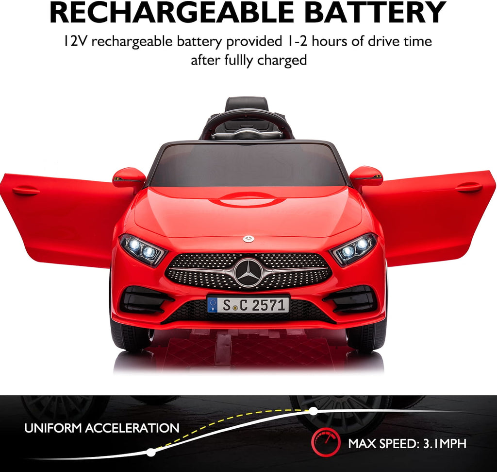 Track 7 12V Ride on Car, Licensed Mercedes-Benz CLS 350 Electric Car for Kids, Ride on Car with Remote Control, Music, Power Display, LED Lights, MP3, Kids Car for Age 3+, Red