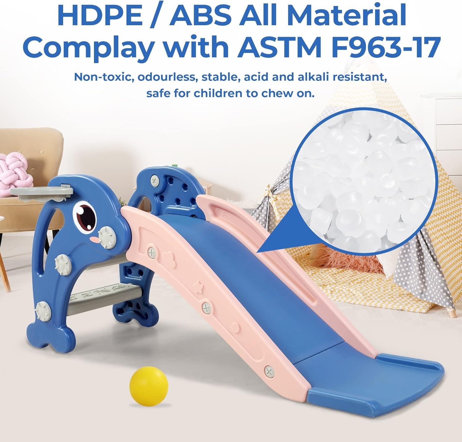 Track Seven Toddler Slide Playset with Climber, Basketball Hoop & Ball - Indoor/Outdoor Playground for Kids，Pink