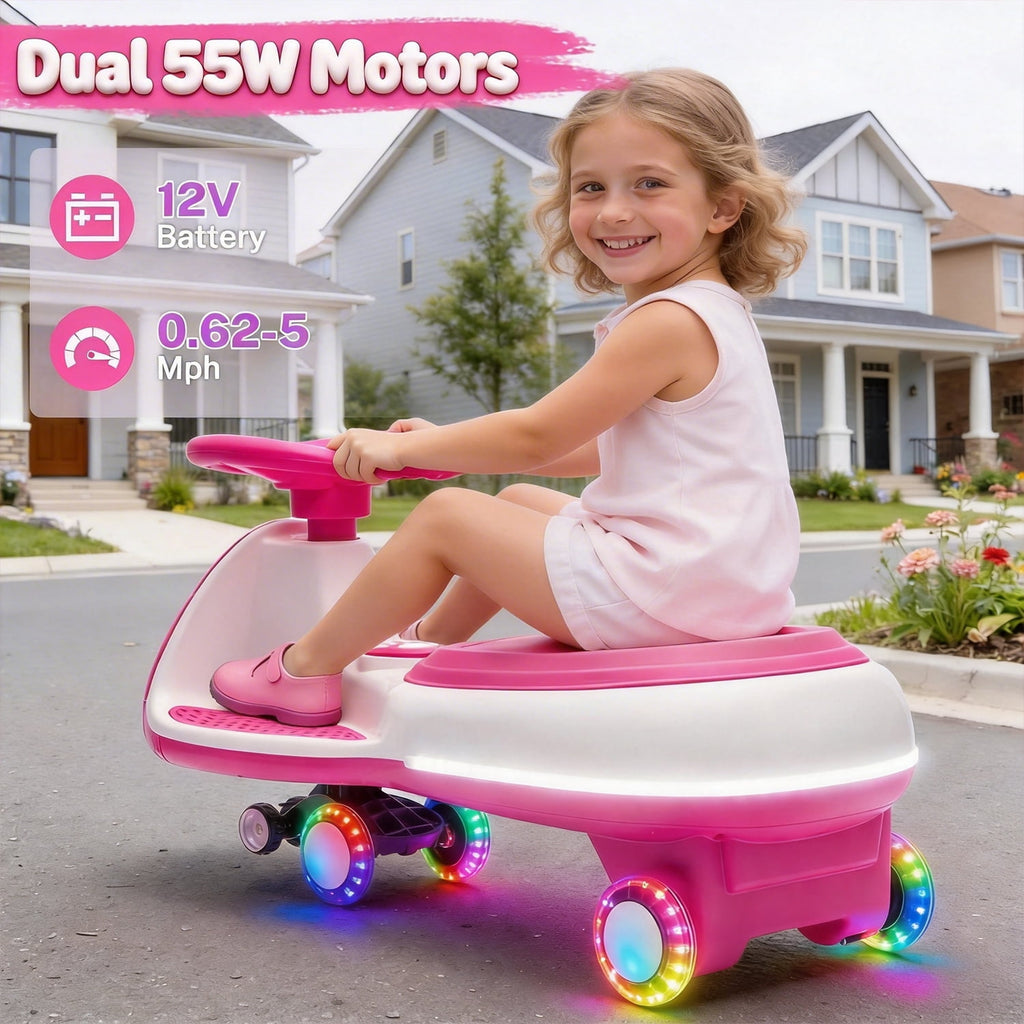 Track Seven 12V Electric Wiggle Car with Pedal, 2 in 1 Swing Car, Bluetooth, LED Lights, Flashing PU Wheels, Max Speed 5 Mph, Anti-Rollover, 12V Ride on Toy Car for Kids Toddlers Aged 3+