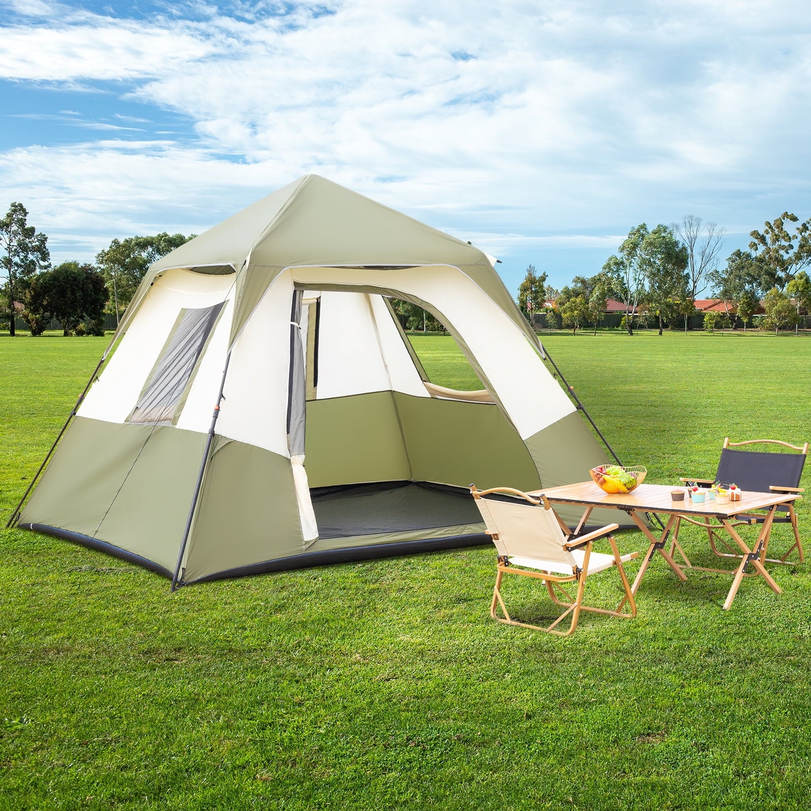 COOKCOK 6 Person Camping Tent, Setup in 60 Seconds, with Rainfly & Windproof, Tent with Carry Bag, Family Camping and Hiking, 120"L x 107.8"W x 65.9"H, Army Green & White