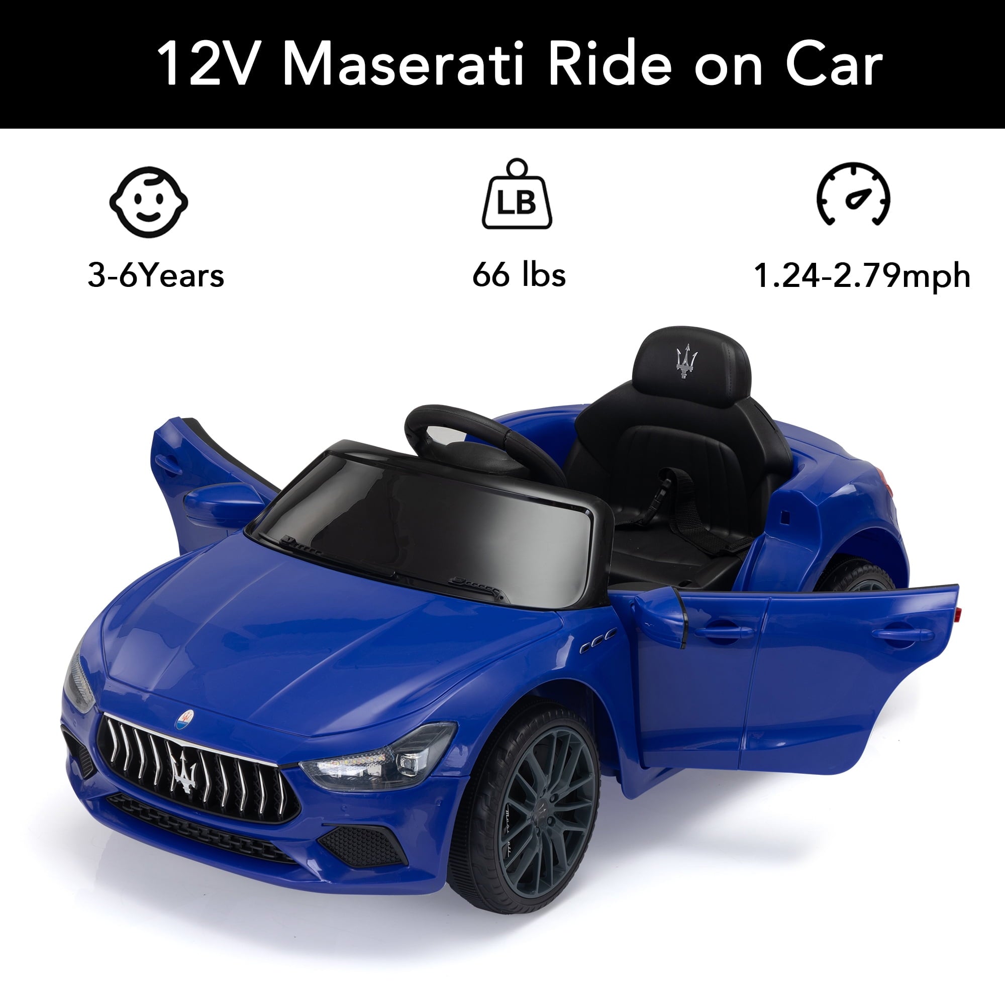 Track 7 12V Ride on Car, Licensed Maserati Ghibli Electric Car for Boys Girls, Ride on Car with Remote Control, Music, Lights, Blue
