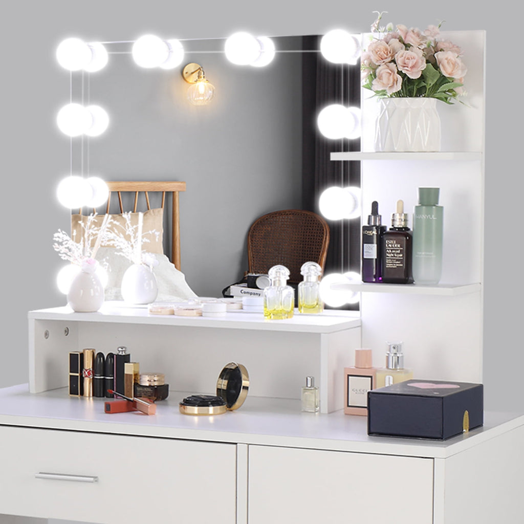 COOKCOK Vanity Set with Lighted Mirror, 10 LED Bulbs Vanity Dressing Table with 3 Storage Shelves 1 Drawer 1 Cabinet, Makeup Table with Cushioned Stool, White