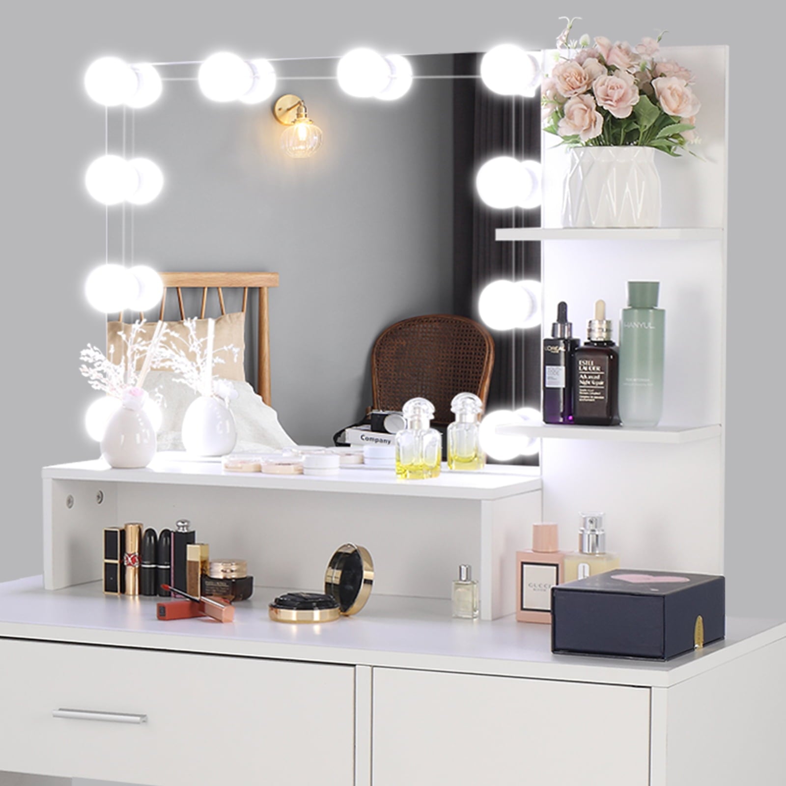 COOKCOK Vanity Set with Lighted Mirror, 10 LED Bulbs Vanity Dressing Table with 3 Storage Shelves 1 Drawer 1 Cabinet, Makeup Table with Cushioned Stool, White