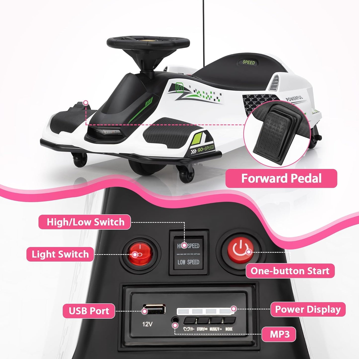 Track 7 12V Ride-On Drifting Car, Kids Electric Go Kart with Protector, Ride On Racing Car with 360° Spin, USB, LED Lights, Max Speed 5 mph, Age 8-12 Years, White
