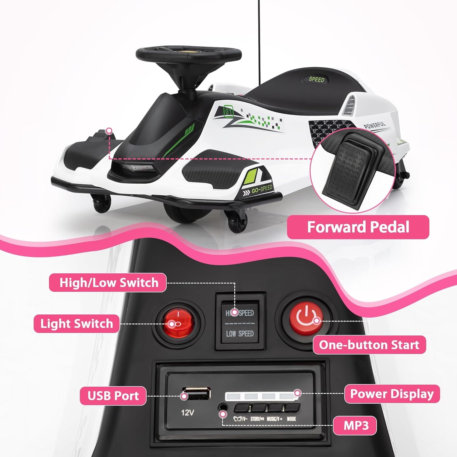 Track 7 12V Ride-On Drifting Car, Kids Electric Go Kart with Protector, Ride On Racing Car with 360° Spin, USB, LED Lights, Max Speed 5 mph, Age 8-12 Years, White