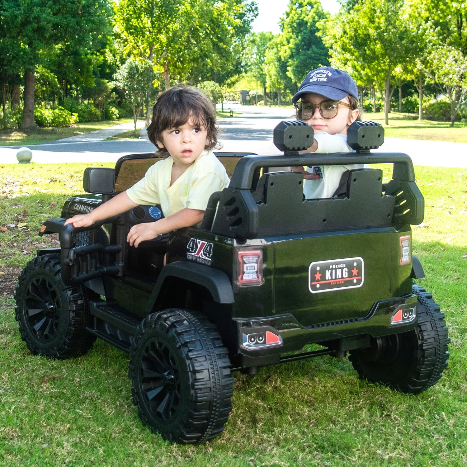 Track 7 24V Ride on Truck, 2 Seater Ride On Toy Car for Big Kids, 19.7" Large Wide Seat, 4WD Electric Truck Car with Music, Bluetooth, Light and Searchlight, Max Speed 4.35 mph, Black