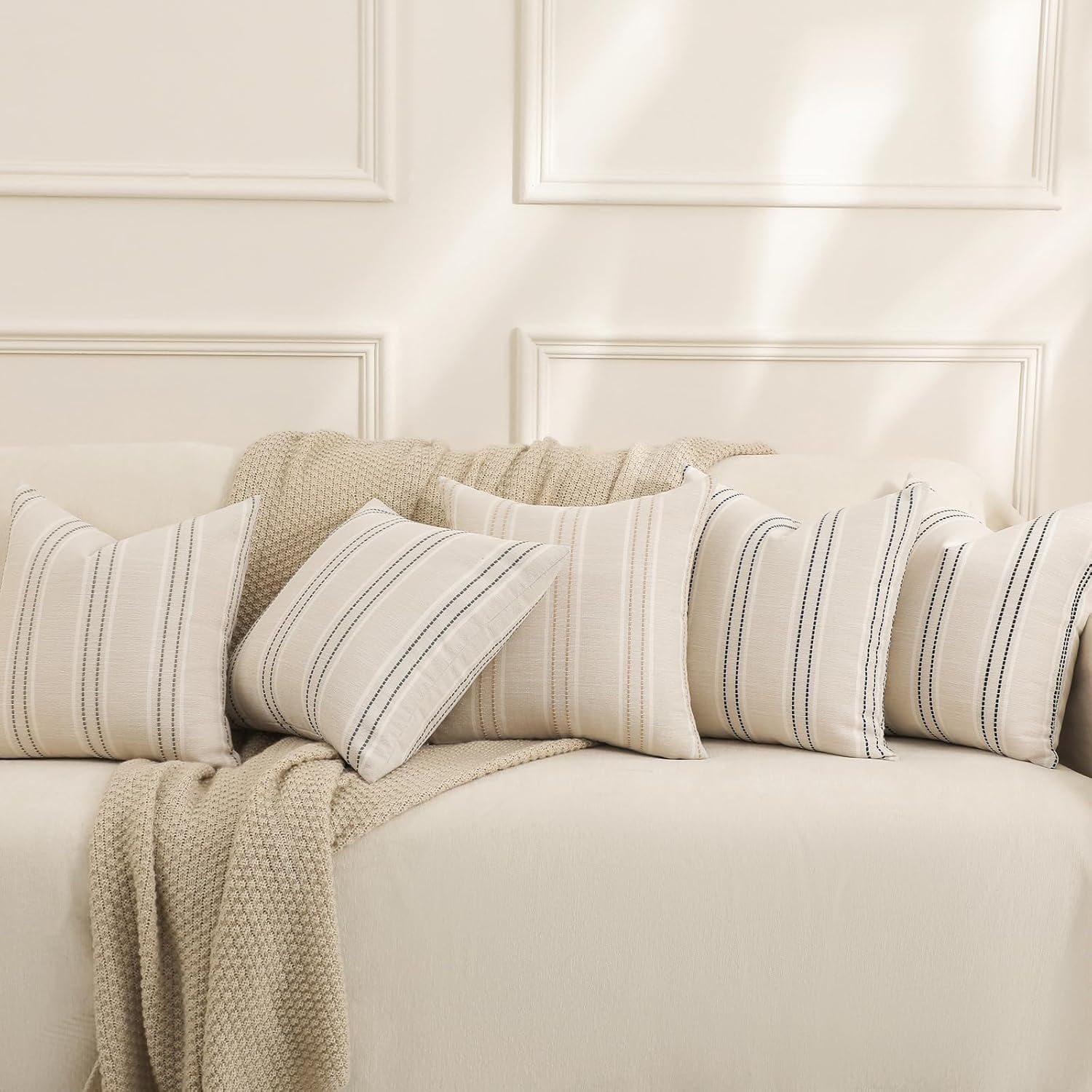 COOKCOK Throw Pillow Covers 20x20 Set of 2 Striped Pillow Covers Textured Linen Decorative Pillows Square Cushion Covers for Sofa Couch Bed Living Room Farmhouse Decor, Grey