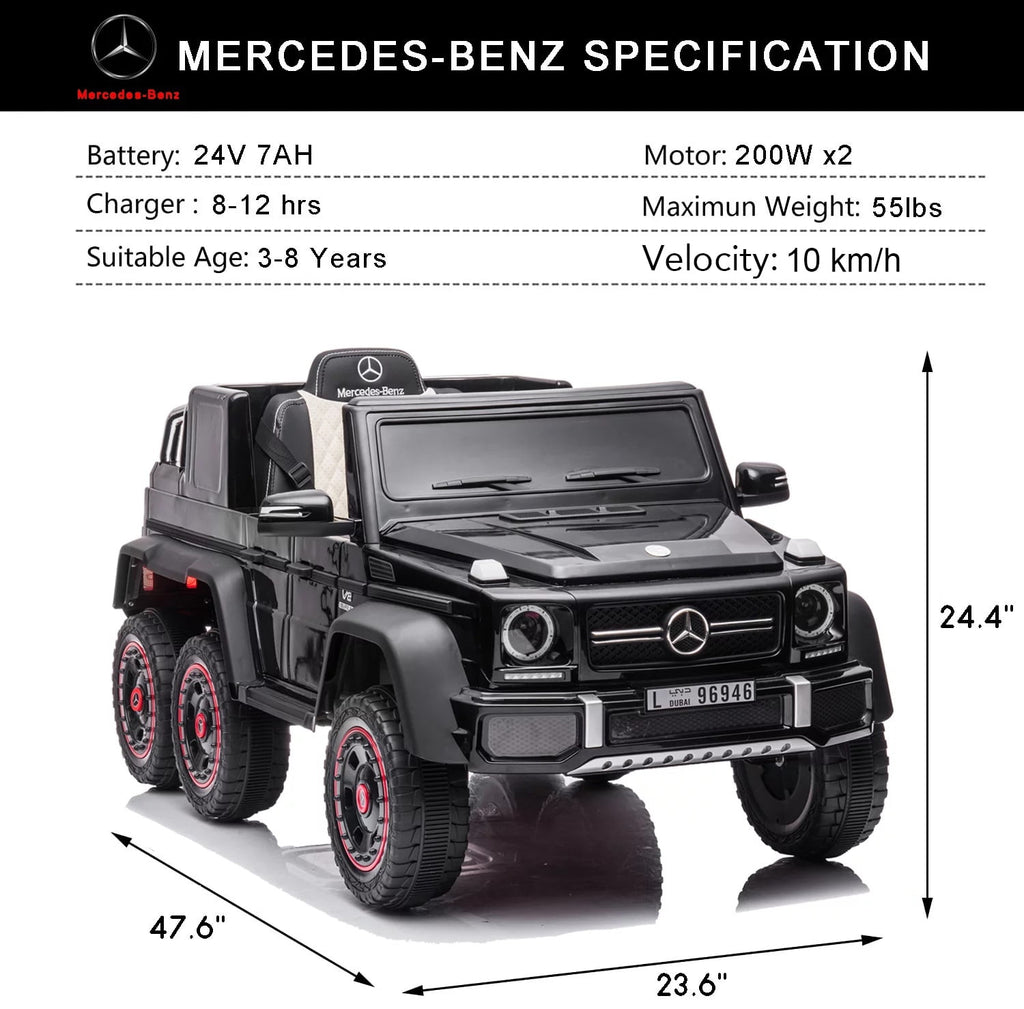 Track Seven 24V Ride on Car, Licensed Mercedes Benz G63 24V Electric Car with Remote Control, Music, Bluetooth, Leather Seat, 6 Wheels Kids Ride on Truck, Black