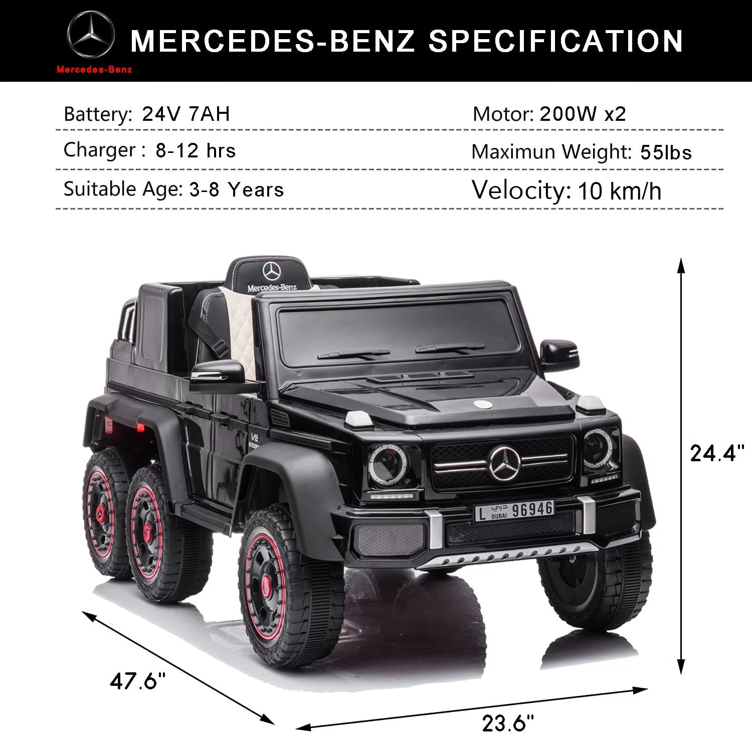 Track Seven 24V Ride on Car, Licensed Mercedes Benz G63 24V Electric Car with Remote Control, Music, Bluetooth, Leather Seat, 6 Wheels Kids Ride on Truck, Black