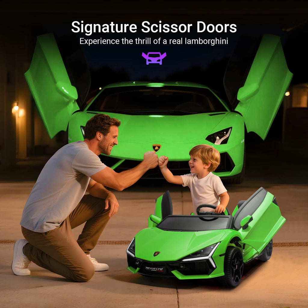 Track Seven 24V 2-Seater Ride on Car, Licensed Lamborghini Revuelto Electric Car with Remote Control, Music, LED Lights, Key Start, Spring Suspension, Max Speed 4.3mph, 24V Ride on Toy Car, Green
