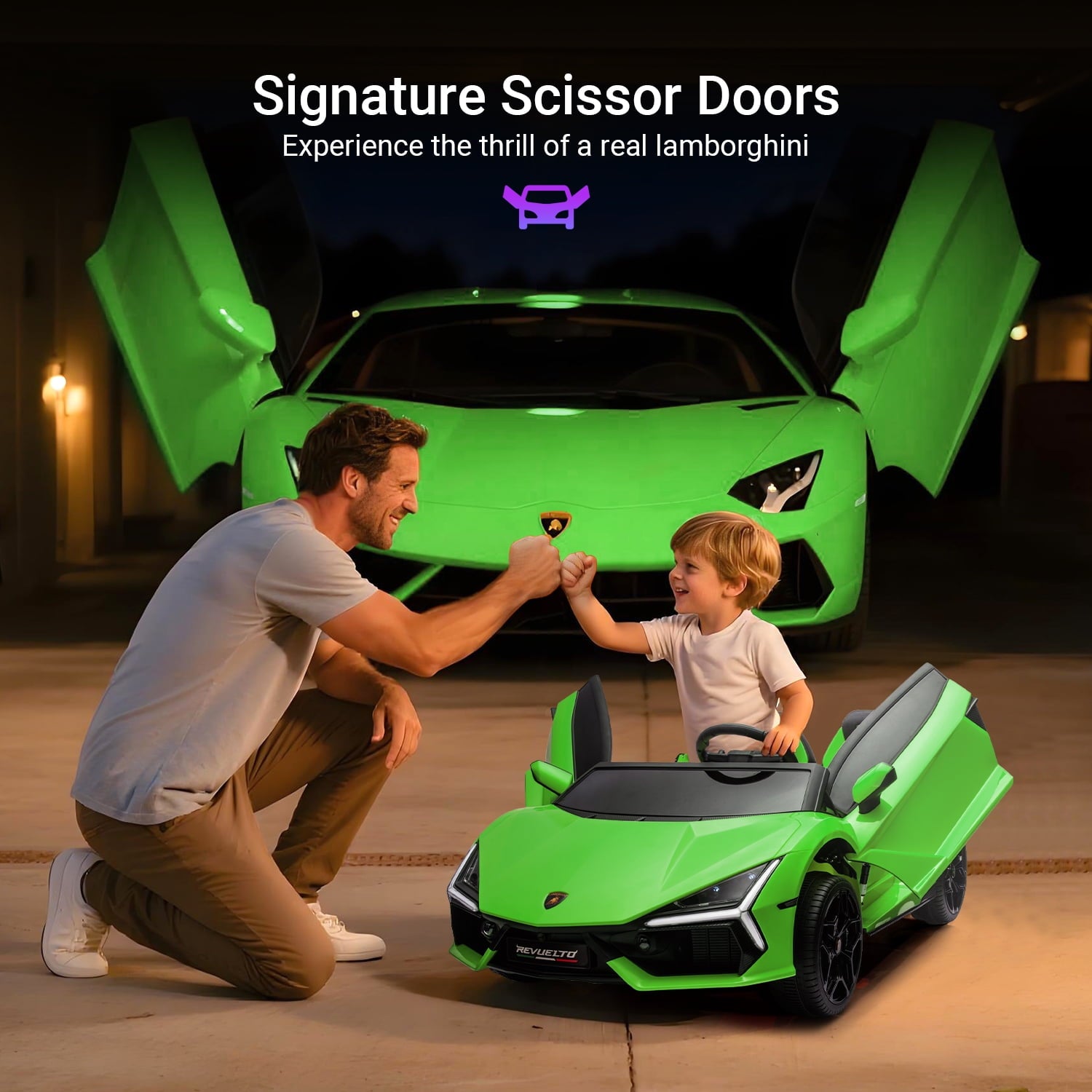 Track Seven 24V 2-Seater Ride on Car, Licensed Lamborghini Revuelto Electric Car with Remote Control, Music, LED Lights, Key Start, Spring Suspension, Max Speed 4.3mph, 24V Ride on Toy Car, Green