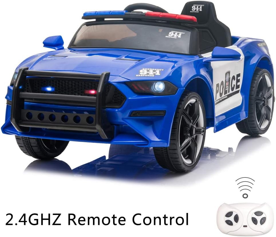 Track 7 12V Kids Police Sports Car, 2.4GHZ Remote Control, LED Lights, Siren, Microphone, Blue