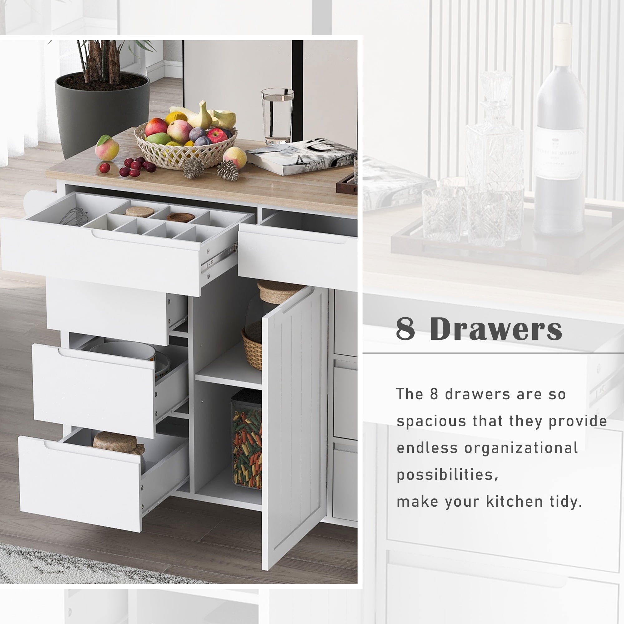 COOKCOK Kitchen Cart with Wood Countertop, Rolling Kitchen Storage Cabinet on Wheels with 8 Handle-Free Drawers, Rolling Mobile Kitchen Island with Towel Rack, 53.2" Width, White