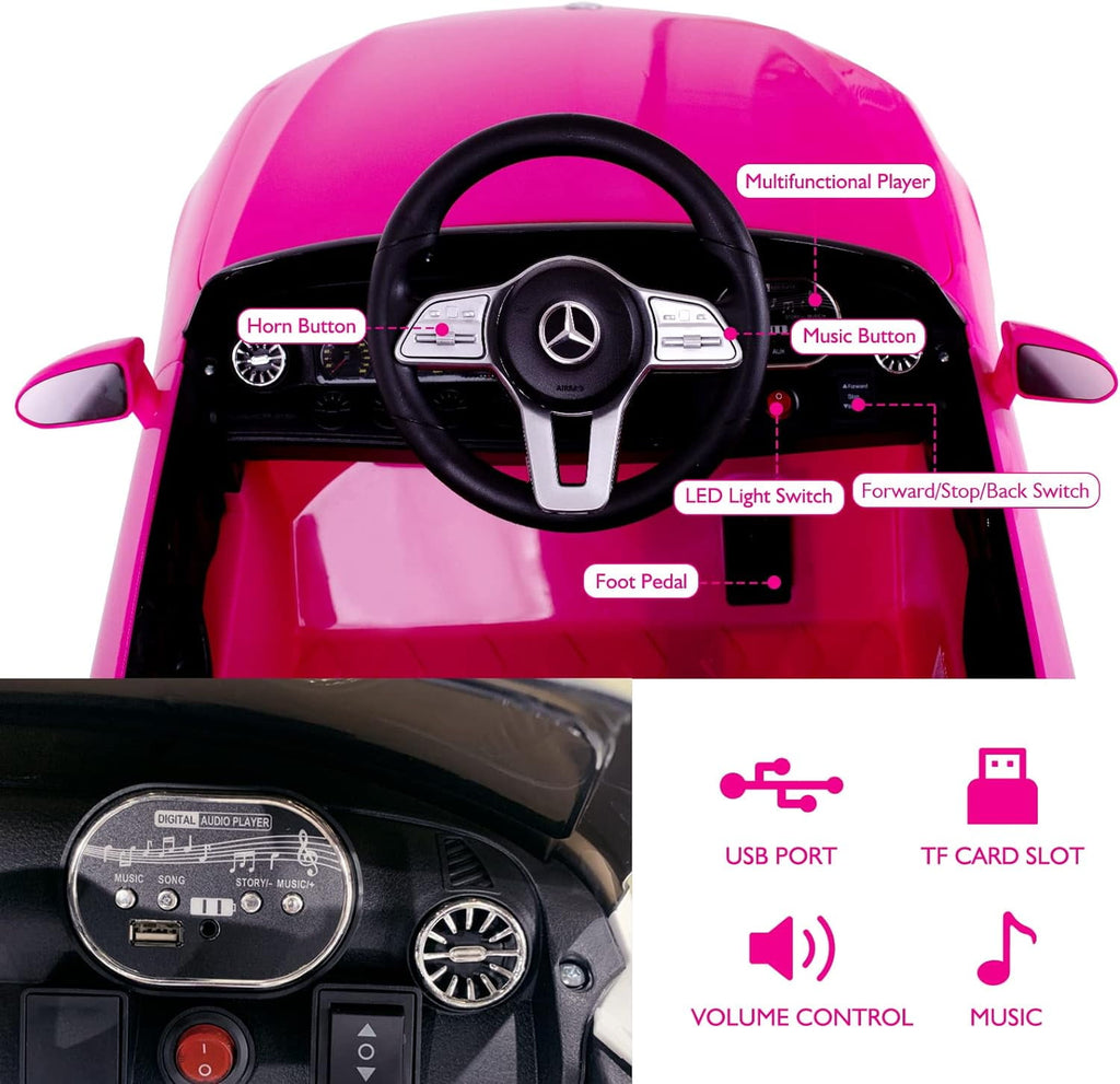 Track 7 12V Ride on Car, Licensed Mercedes-Benz CLS 350 Electric Car for Kids, Ride on Car with Remote Control, Music, Power Display, LED Lights, MP3, Kids Car for Age 3+, Pink