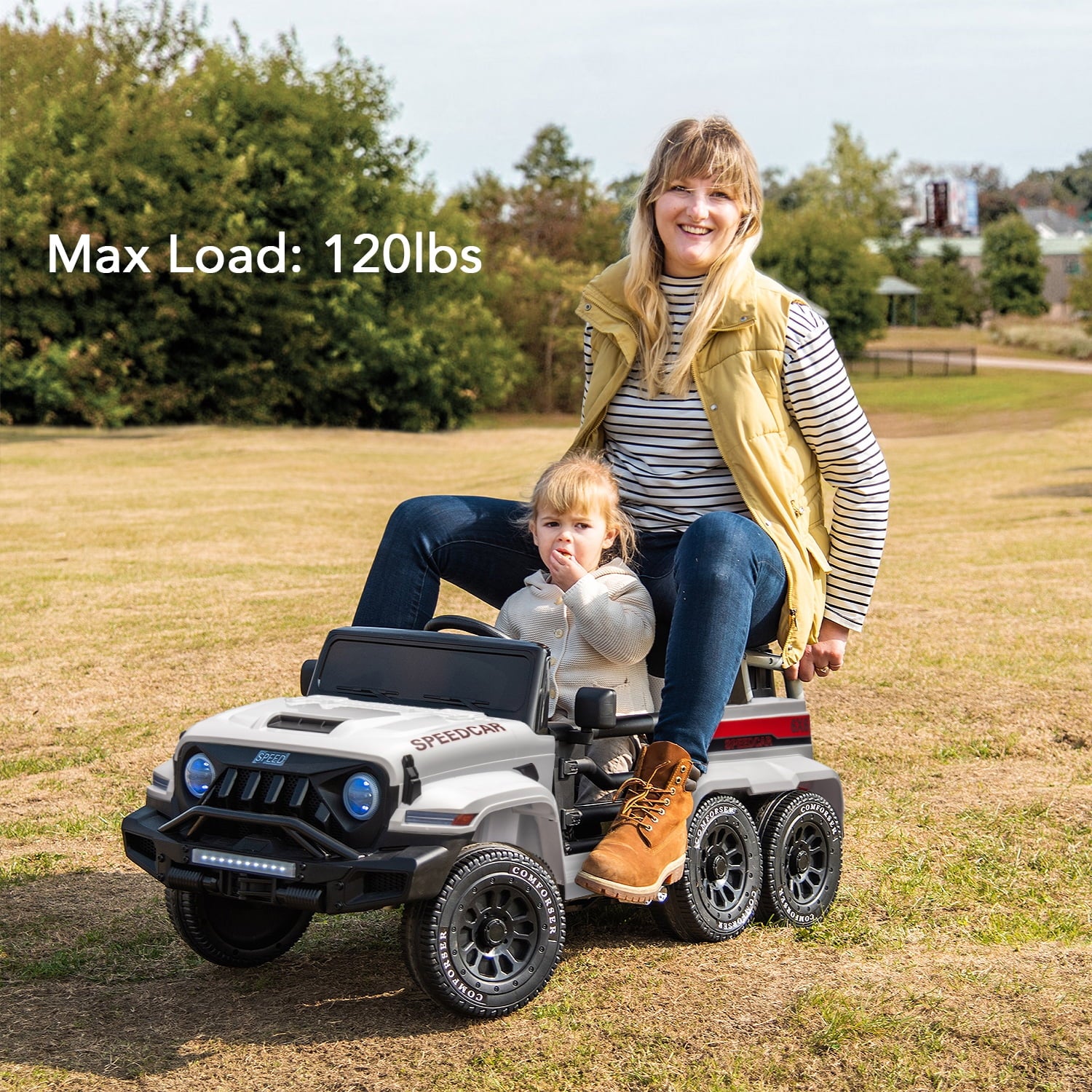 Track 7 24V Ride on Car, 4WD Electric Car for Boys Girls Age 3+, 6 Wheels Ride on Car with Remote Control, Music, Lights, Rocking Mode, Storage Box, White