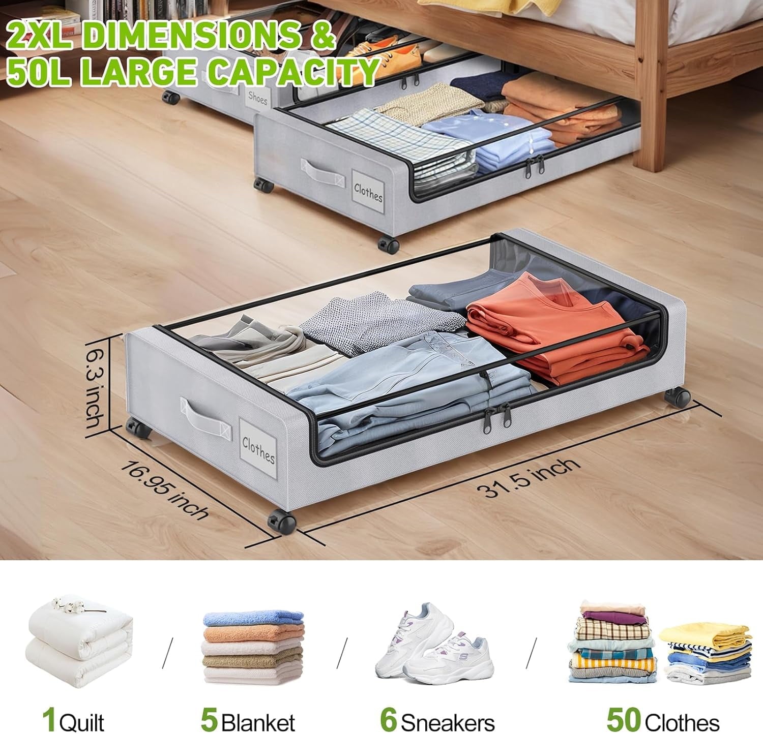 COOKCOK Under Bed Storage with Wheels, 2-Pack Underbed Storage Containers with Clear Lids & Label, Rolling Under the Bed Storage Bins, Rolling Metal Drawer for Clothes, Shoes, Toys, Books, Grey
